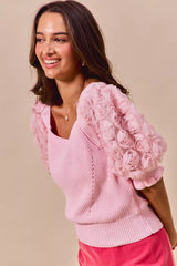 SO ME Rosette Sleeves Square Neck Sweater Knit Top OutfitFlow