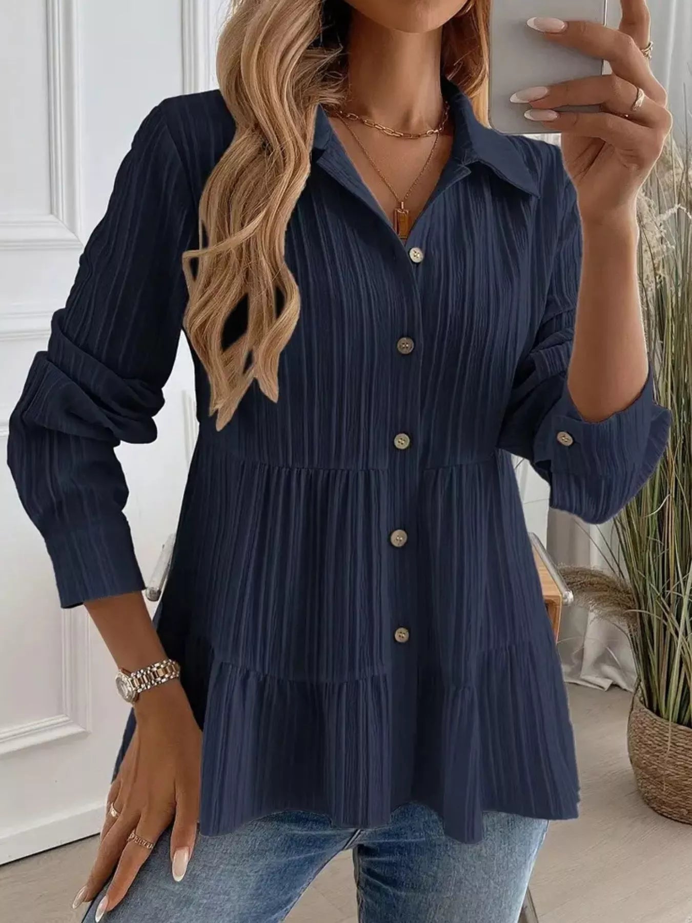 Button-Down Long Sleeve Tiered Shirt OutfitFlow