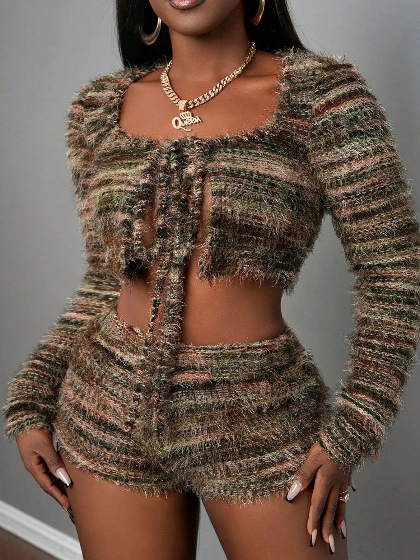 Square Neck Crop Top and Shorts Sweater Set OutfitFlow