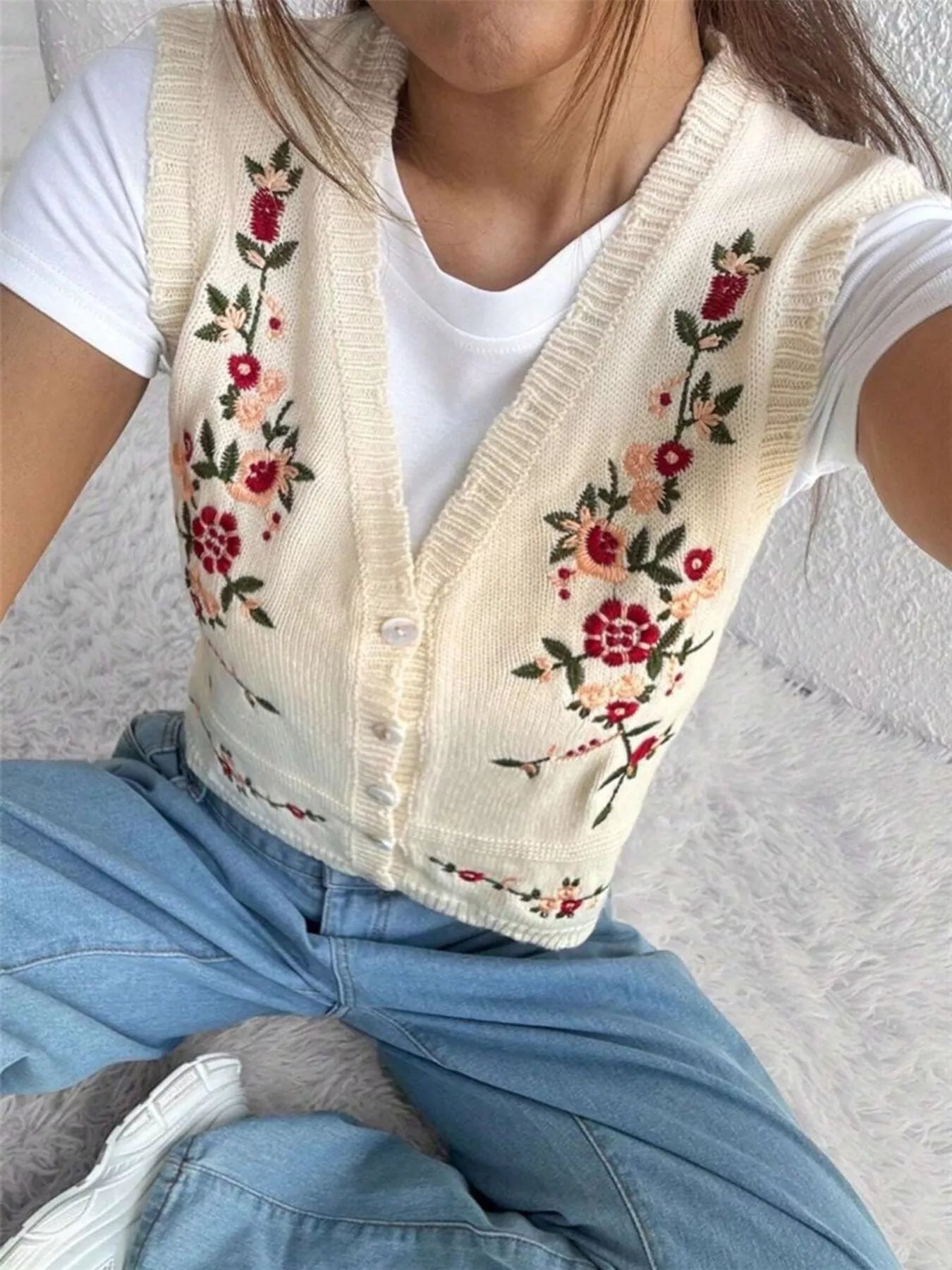 Embroidered Button Up Sweater Vest OutfitFlow