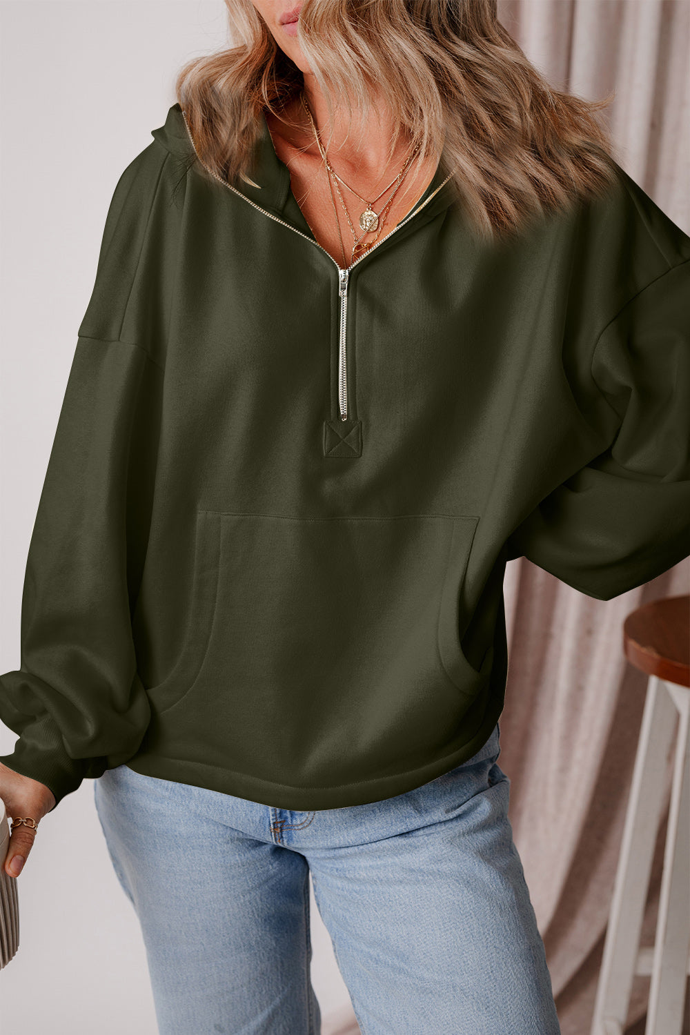 Pocketed Half Zip Dropped Shoulder Hoodie Army Green OutfitFlow