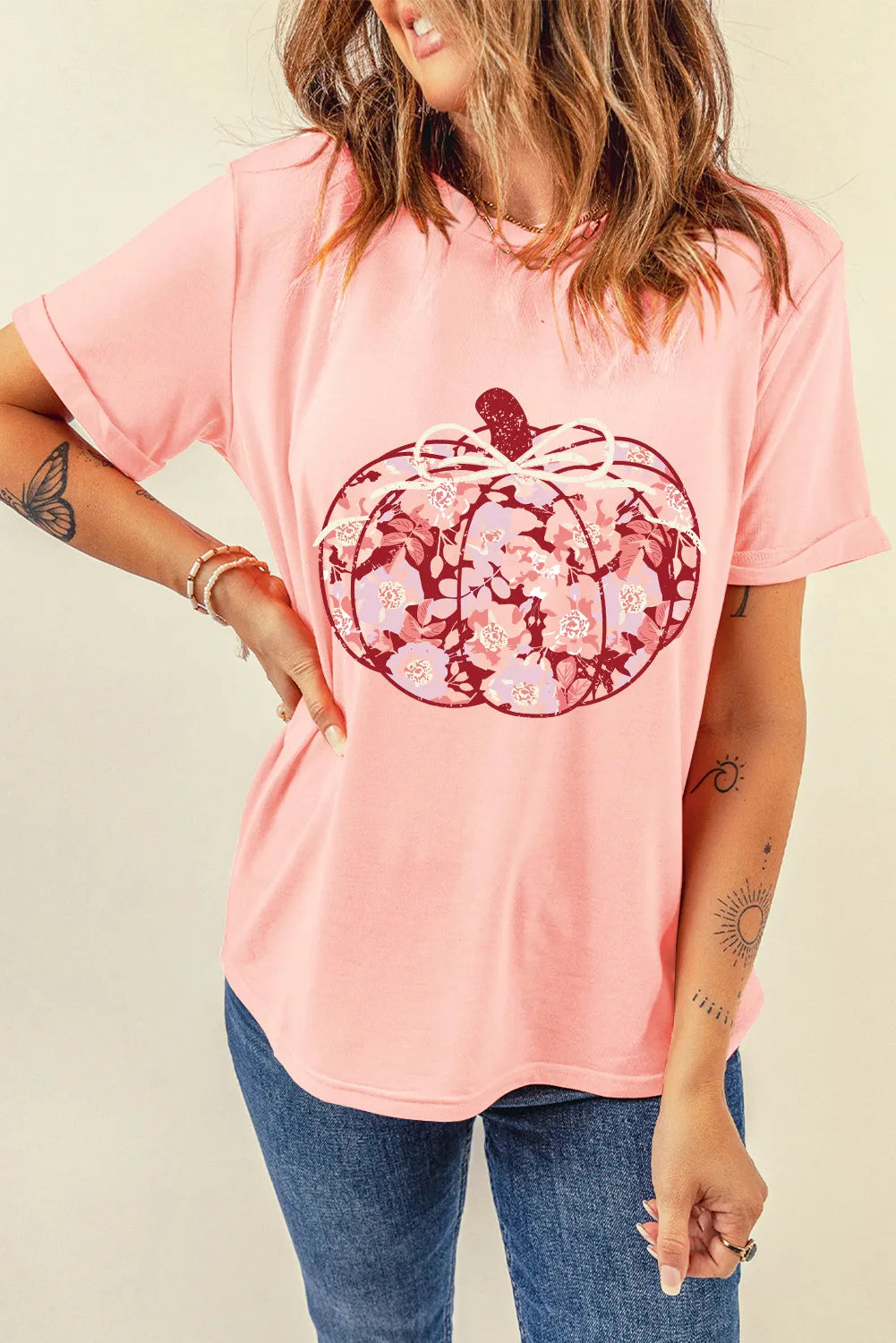 Pumpkin Graphic Round Neck Long Sleeve T-Shirt OutfitFlow