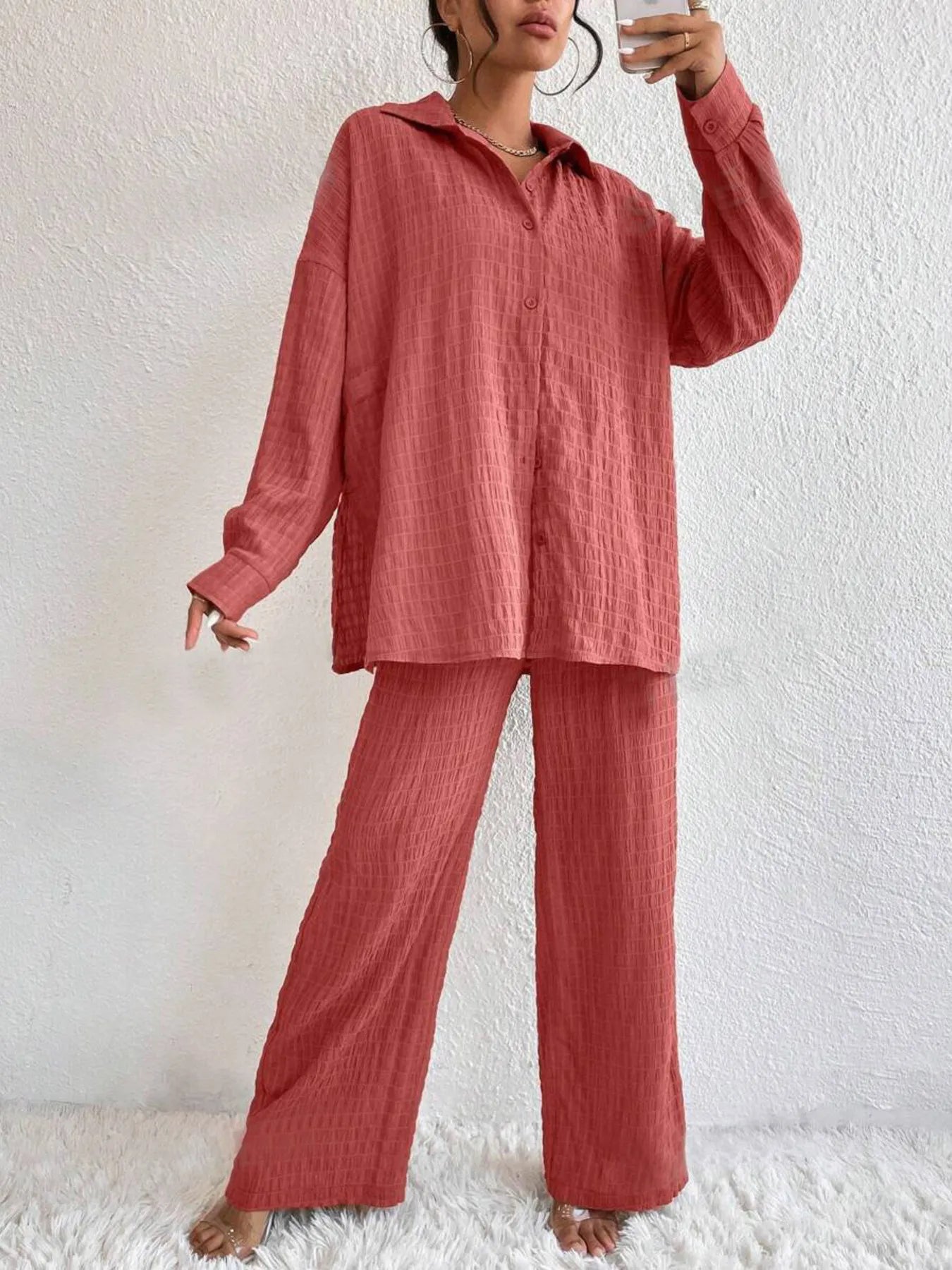 Button Up Long Sleeve Shirt and Pants Set OutfitFlow