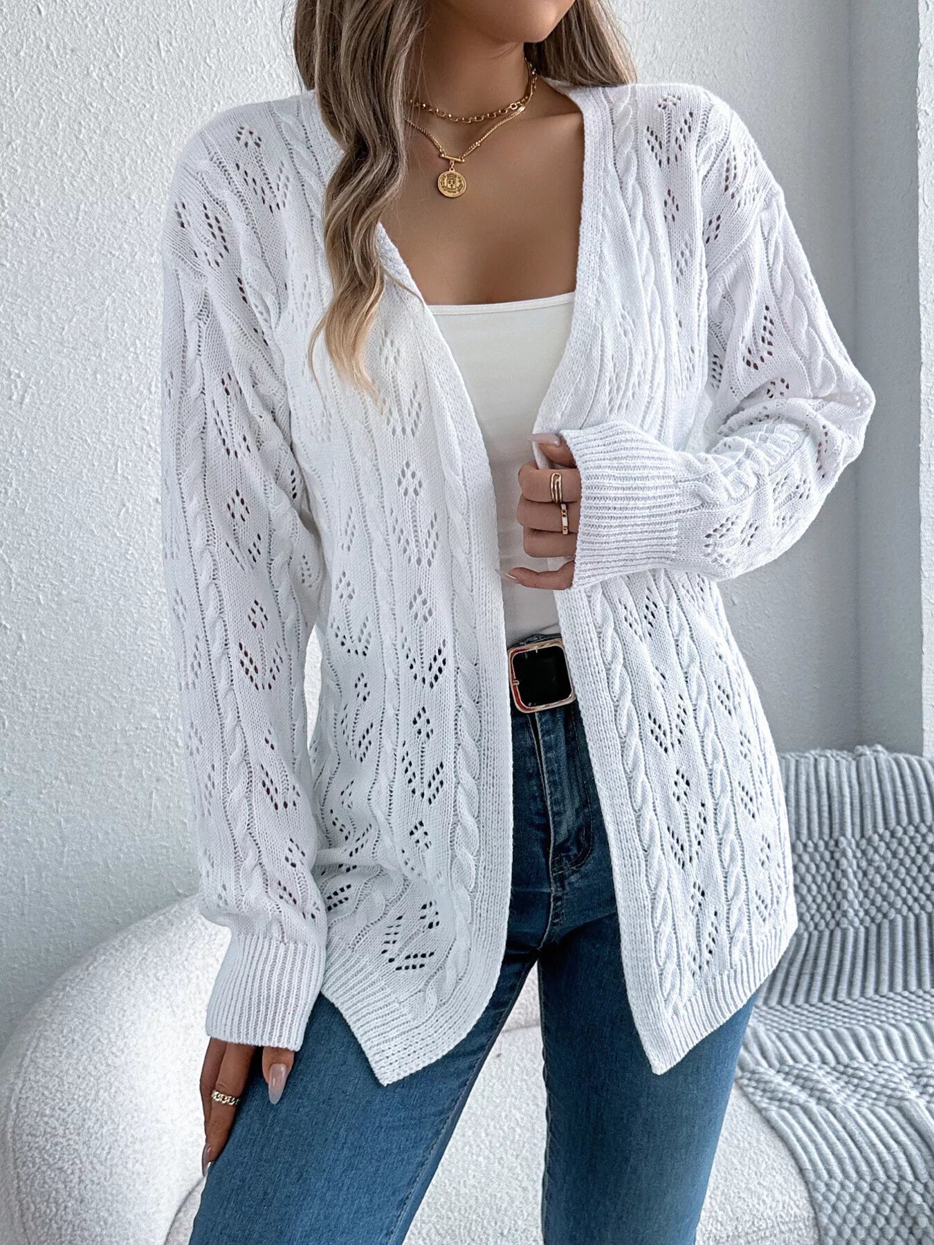 Openwork Open Front Long Sleeve Cardigan OutfitFlow