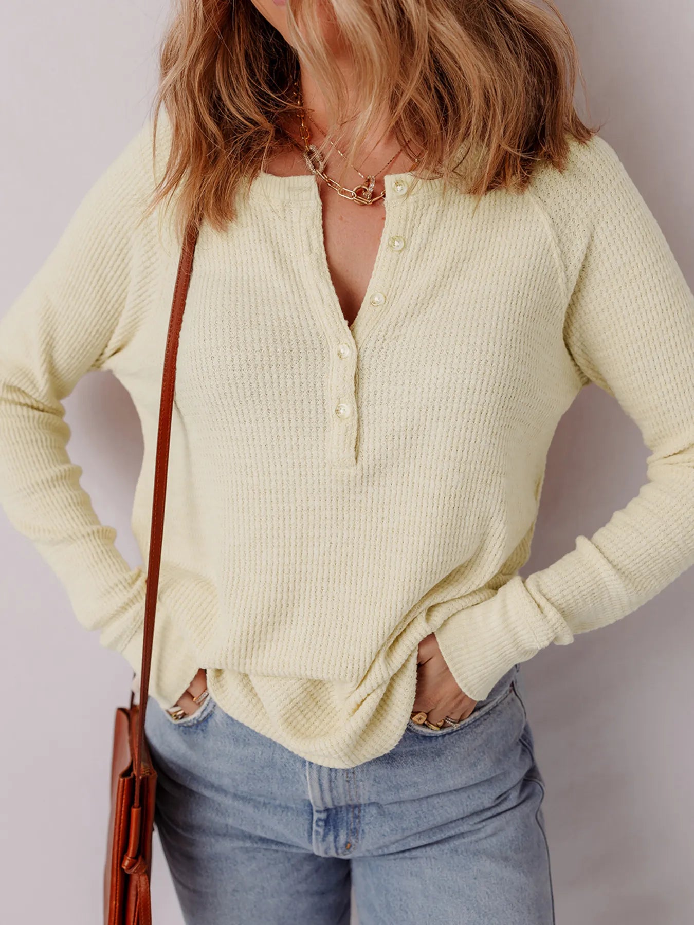 Textured Knit Half Buttons Henley Top OutfitFlow