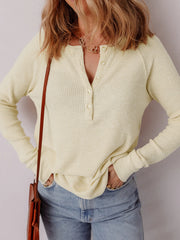Textured Knit Half Buttons Henley Top OutfitFlow