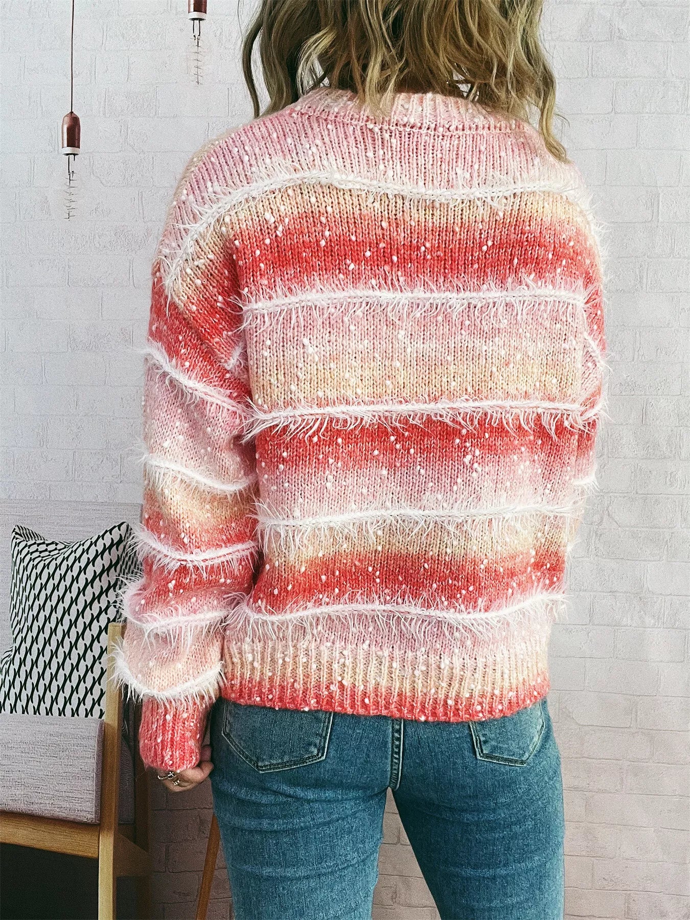 Gradient Striped Round Neck Sweater OutfitFlow
