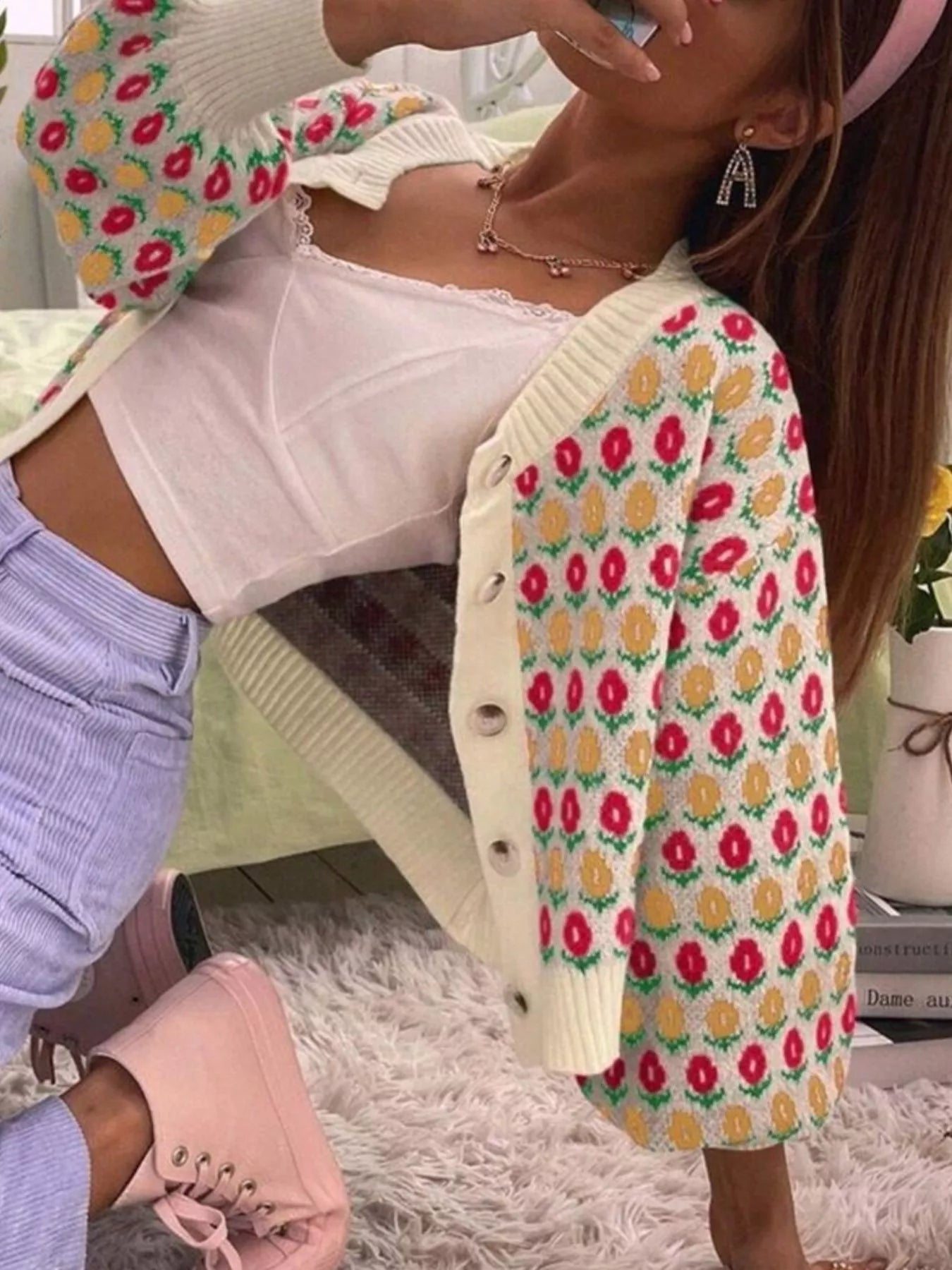 Floral Button Up Long Sleeve Cardigan OutfitFlow