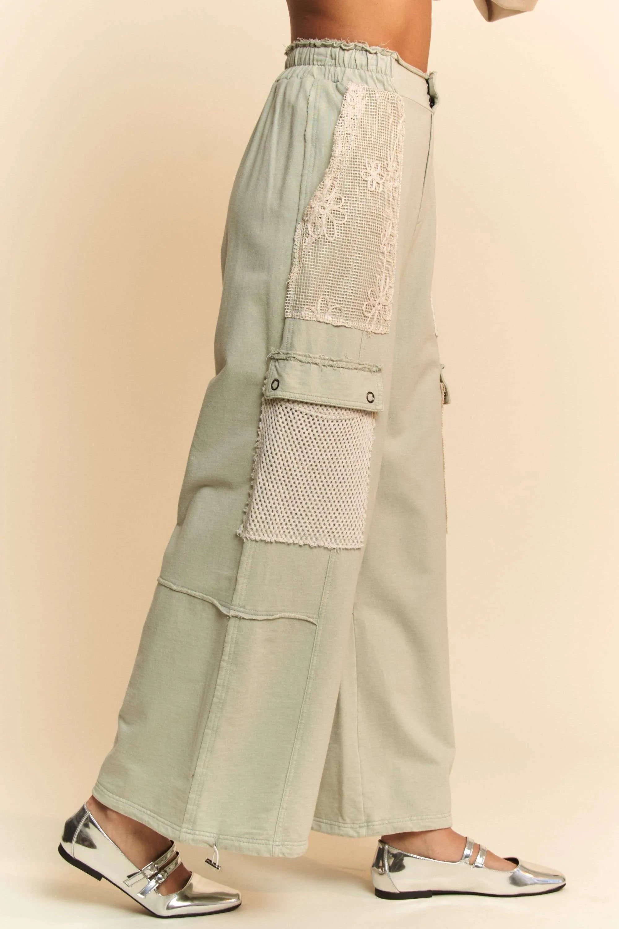 Davi & Dani Lace Patchwork Bottom Opening Adjustable Pants OutfitFlow