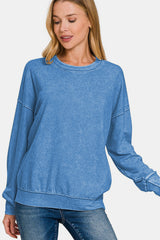 Outfit Flow - Zenana Washed Round Neck Dropped Shoulder Sweatshirt