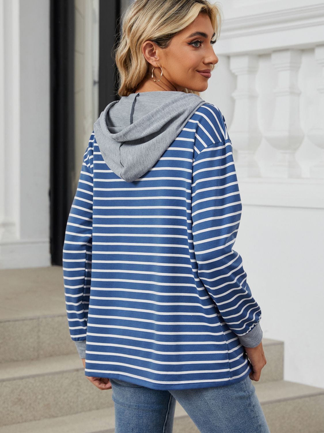 Outfit Flow - Drawstring Striped Long Sleeve Hoodie