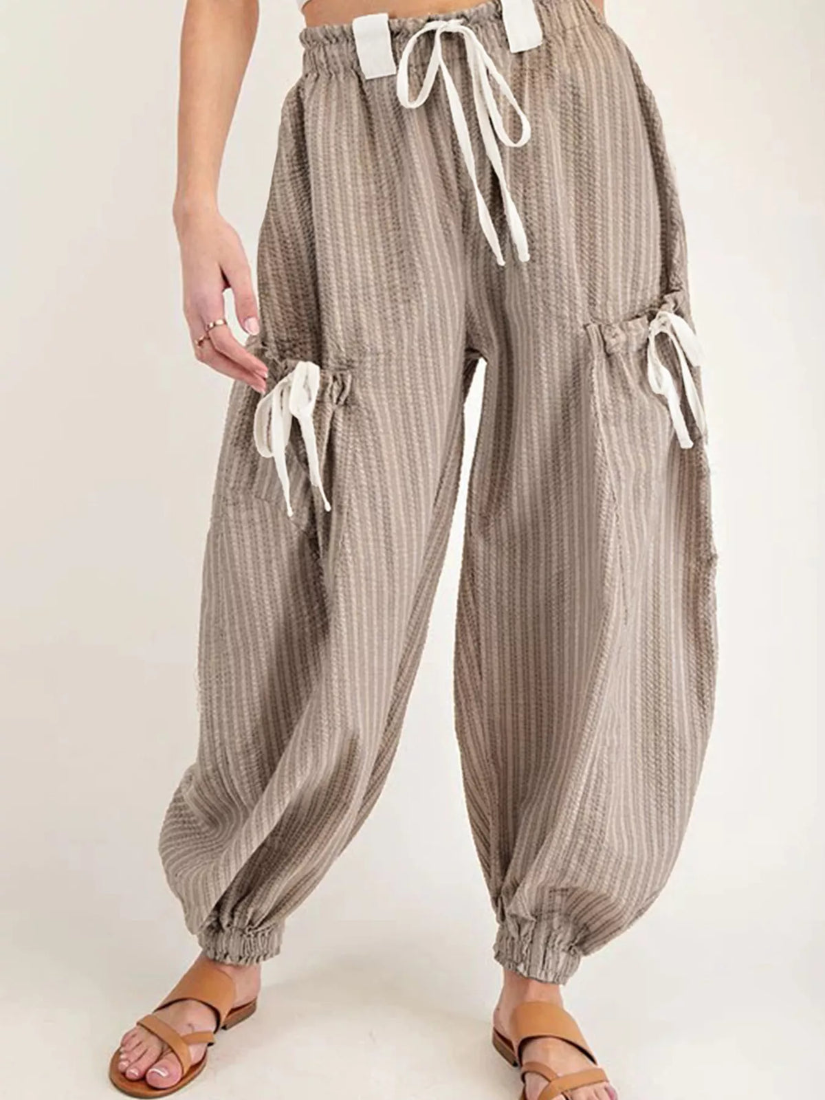 Stripe Drawstring Cargo Jogger Pants with Pockets Mocha OutfitFlow
