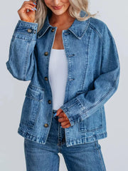 Button Up Raglan Sleeve Denim Jacket OutfitFlow