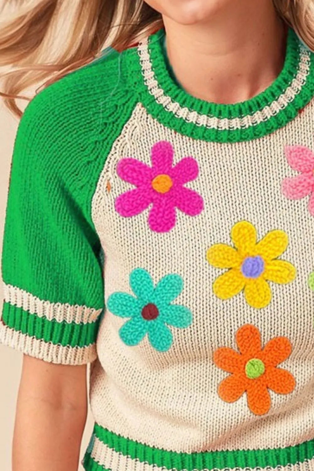 BiBi Crochet Flower Patches Striped Rib Band Sweater OutfitFlow