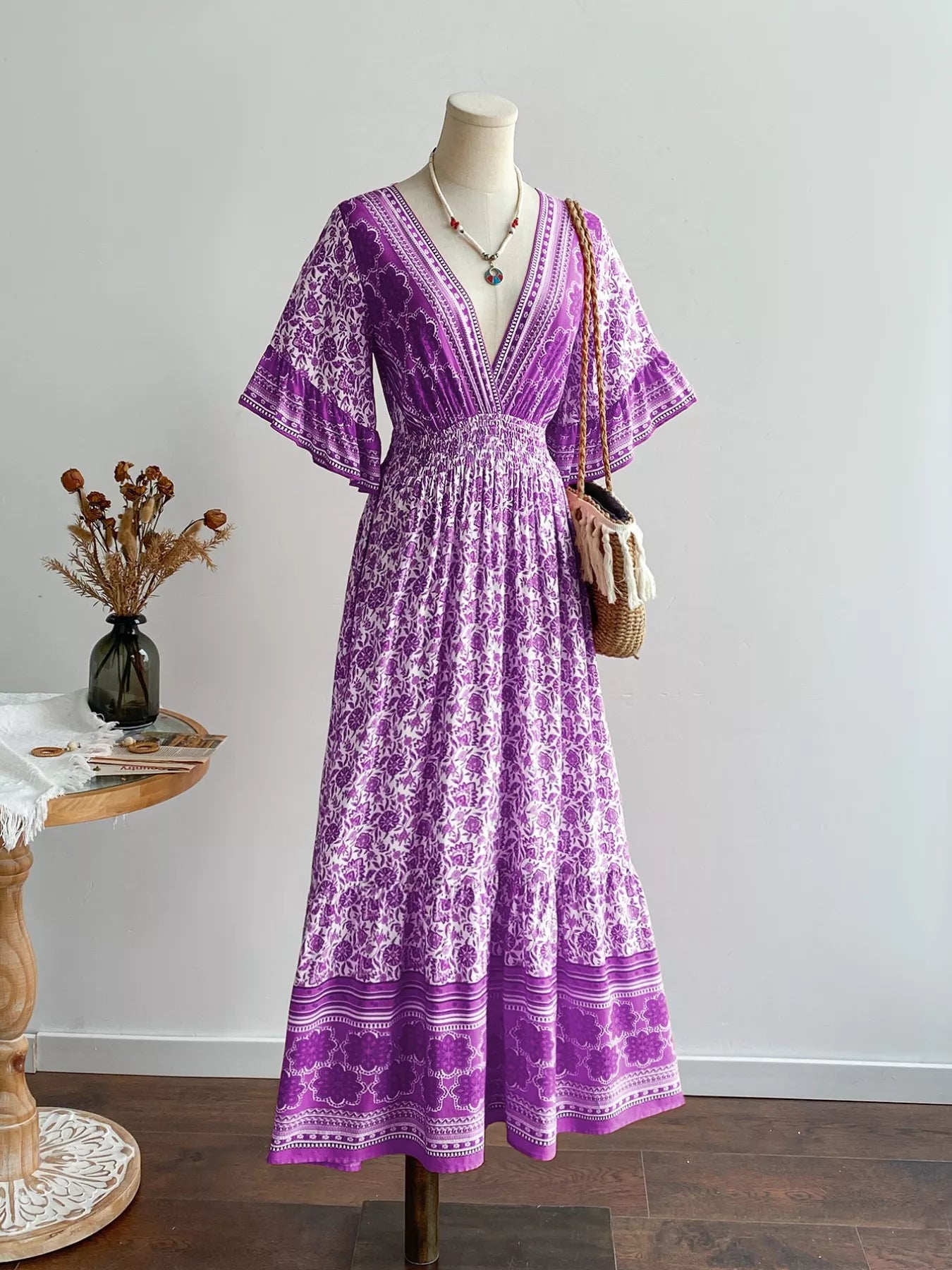 Floral Print Deep V-Neck Dress OutfitFlow