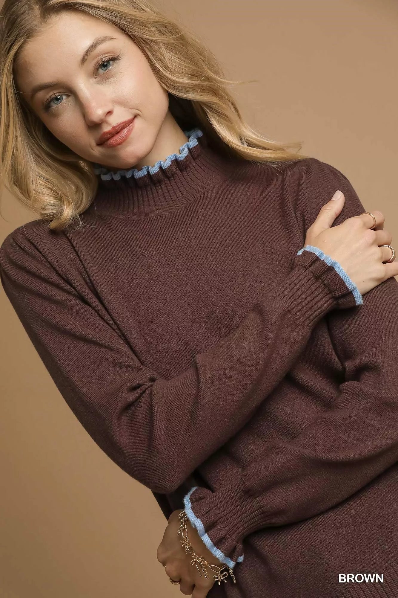 Umgee Ribbed Round Neck Sweater with Ruffle Contrast Trim OutfitFlow