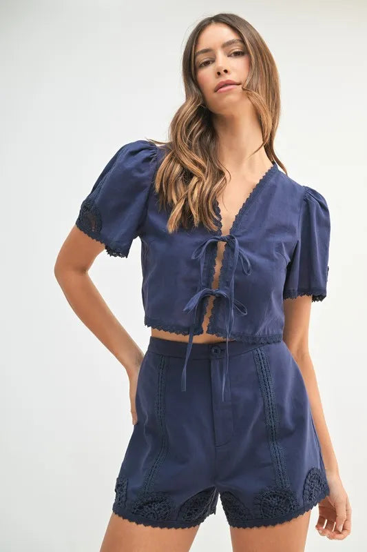 MABLE Crochet Lace Detail Crop Top and Shorts Set OutfitFlow