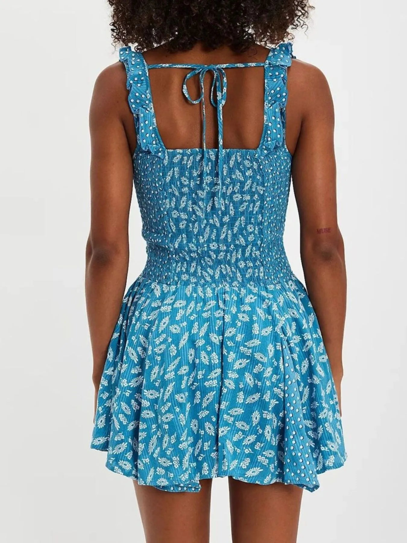 Floral Scoop Neck Mini Dress with Ruffle Hem Blue OutfitFlow