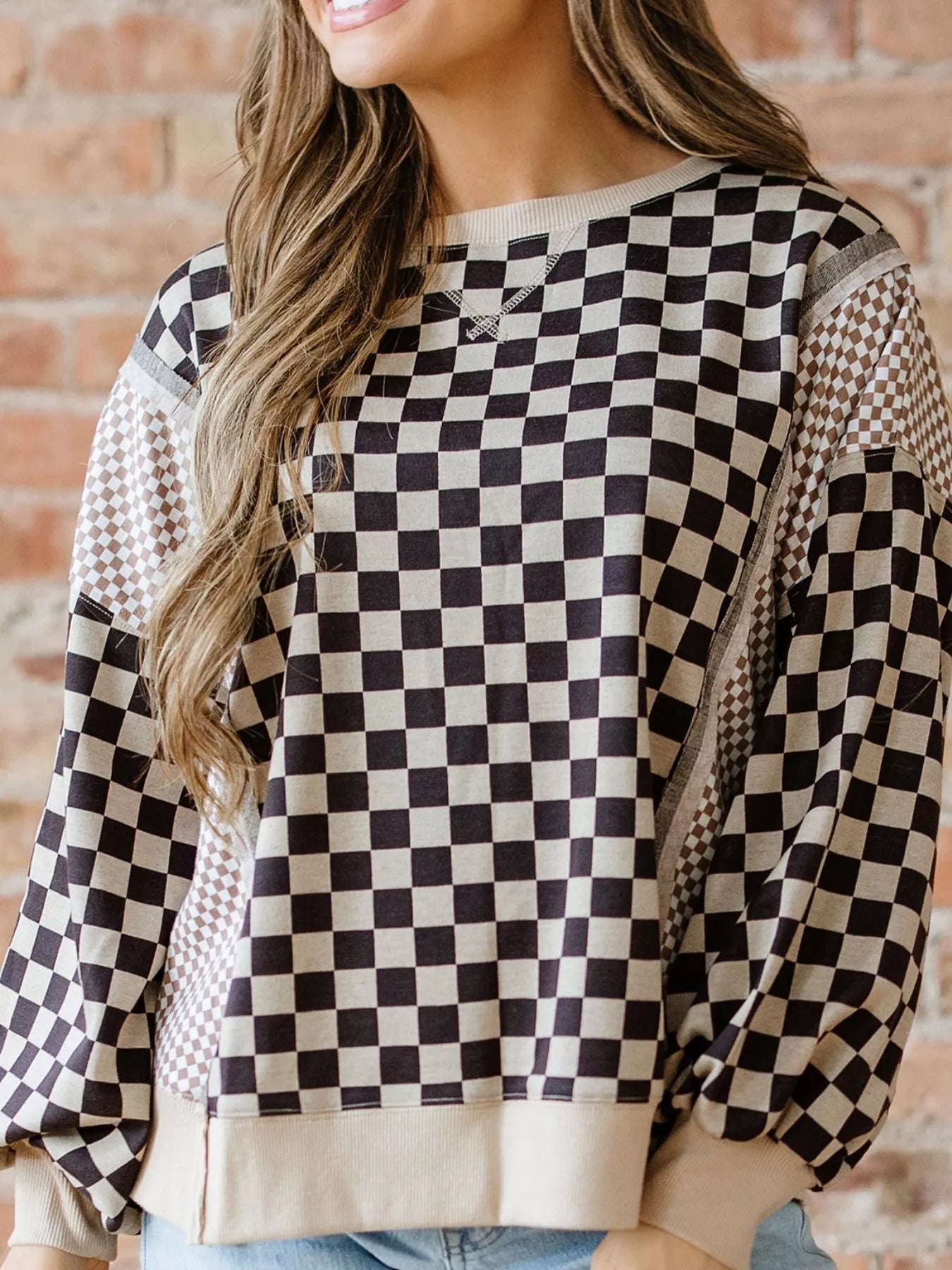 Mixed Checkered Pattern Patchwork High Low Casual Top OutfitFlow