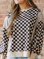 Mixed Checkered Pattern Patchwork High Low Casual Top OutfitFlow