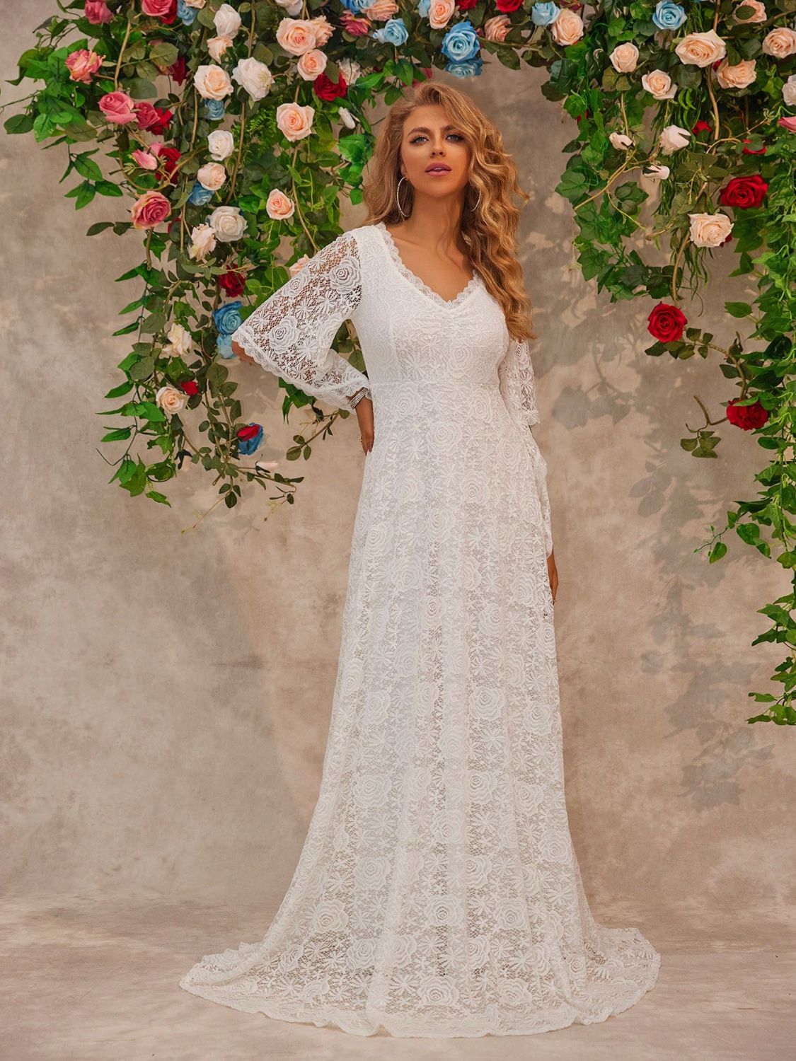 Lace V-Neck Floor length Dress OutfitFlow