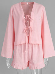 Tie Front Long Sleeve Top and Shorts Set OutfitFlow