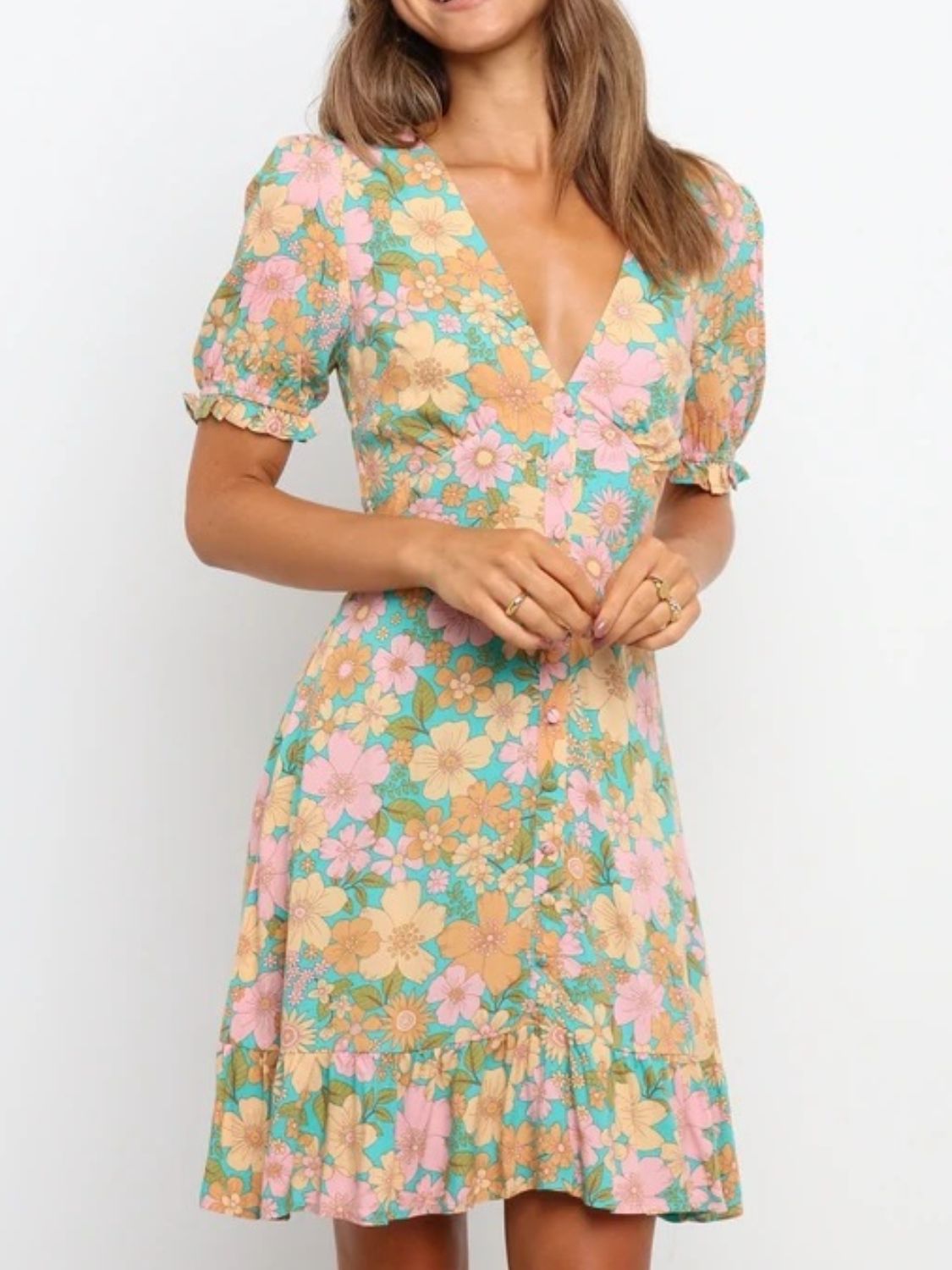 Ruffled Hem Printed Short Sleeve Mini Dress Turquoise OutfitFlow