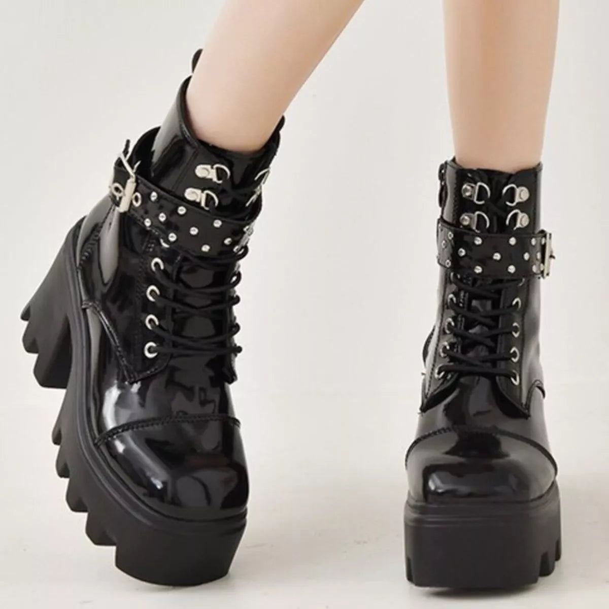 Platform Ankle Boots with Buckle and Studded Detail OutfitFlow