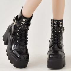 Platform Ankle Boots with Buckle and Studded Detail OutfitFlow