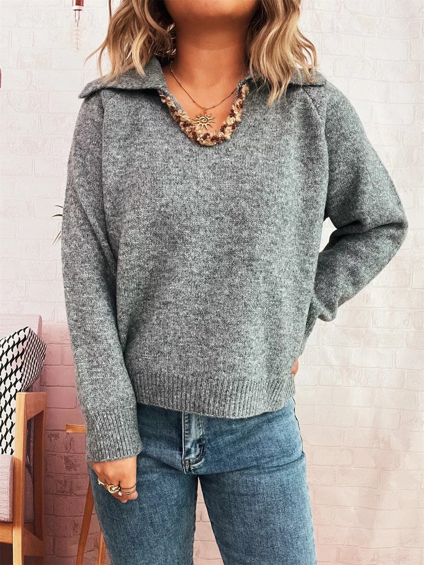 Ribbed Hem Raglan Sleeve Sweater Gray One Size OutfitFlow