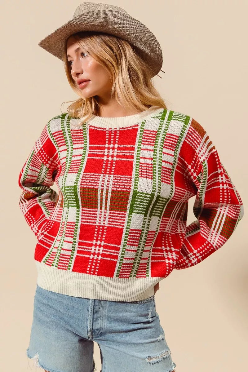 SO ME Christmas Color Checkered Plaid Crew Neck Sweater Trendsi