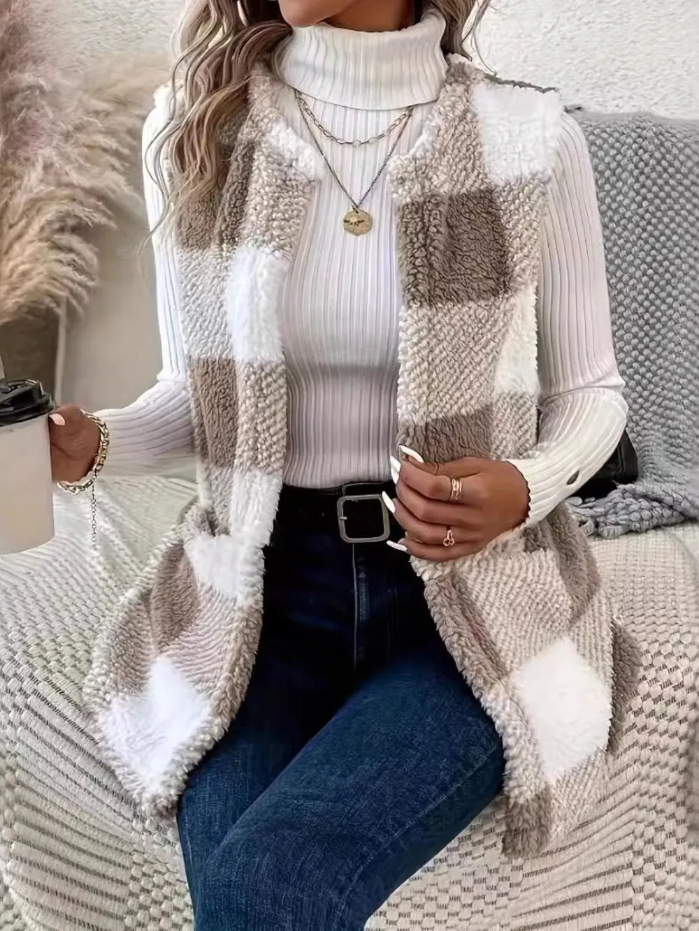 Plaid Open Front Vest Coat Mocha Trendsi