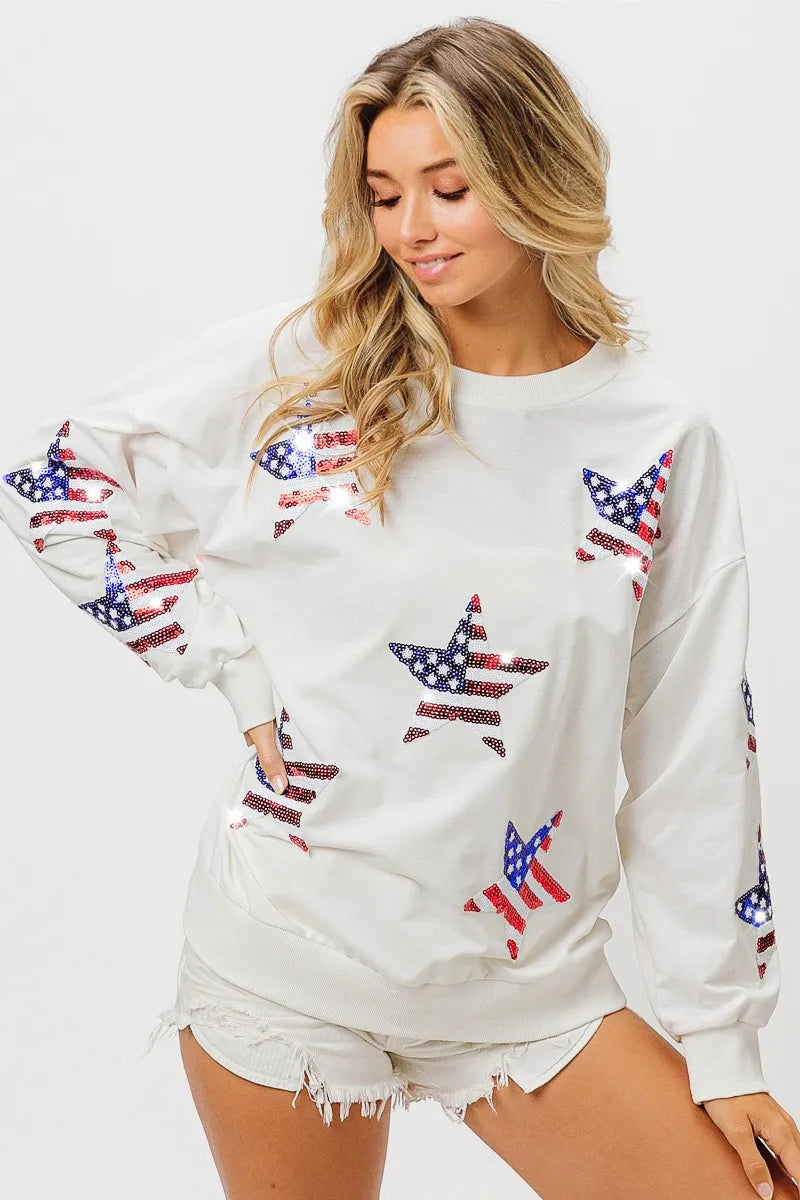 BiBi American Flag Sequin Star Sweatshirt OutfitFlow