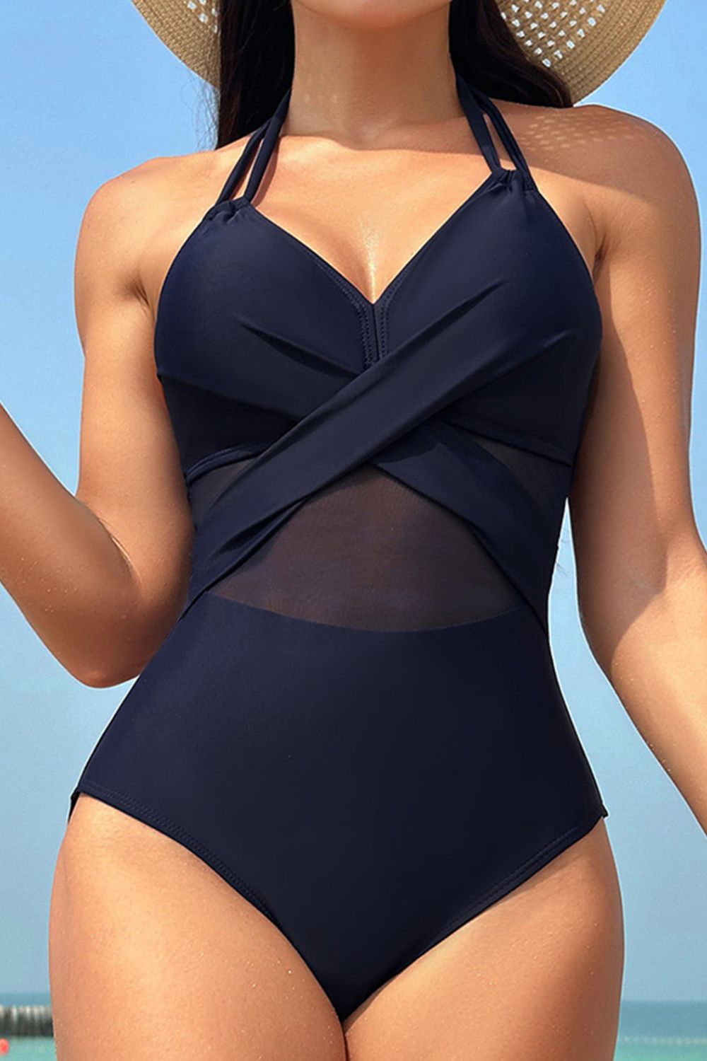 Crisscross Halter Neck One-Piece Swimwear Dark Blue OutfitFlow