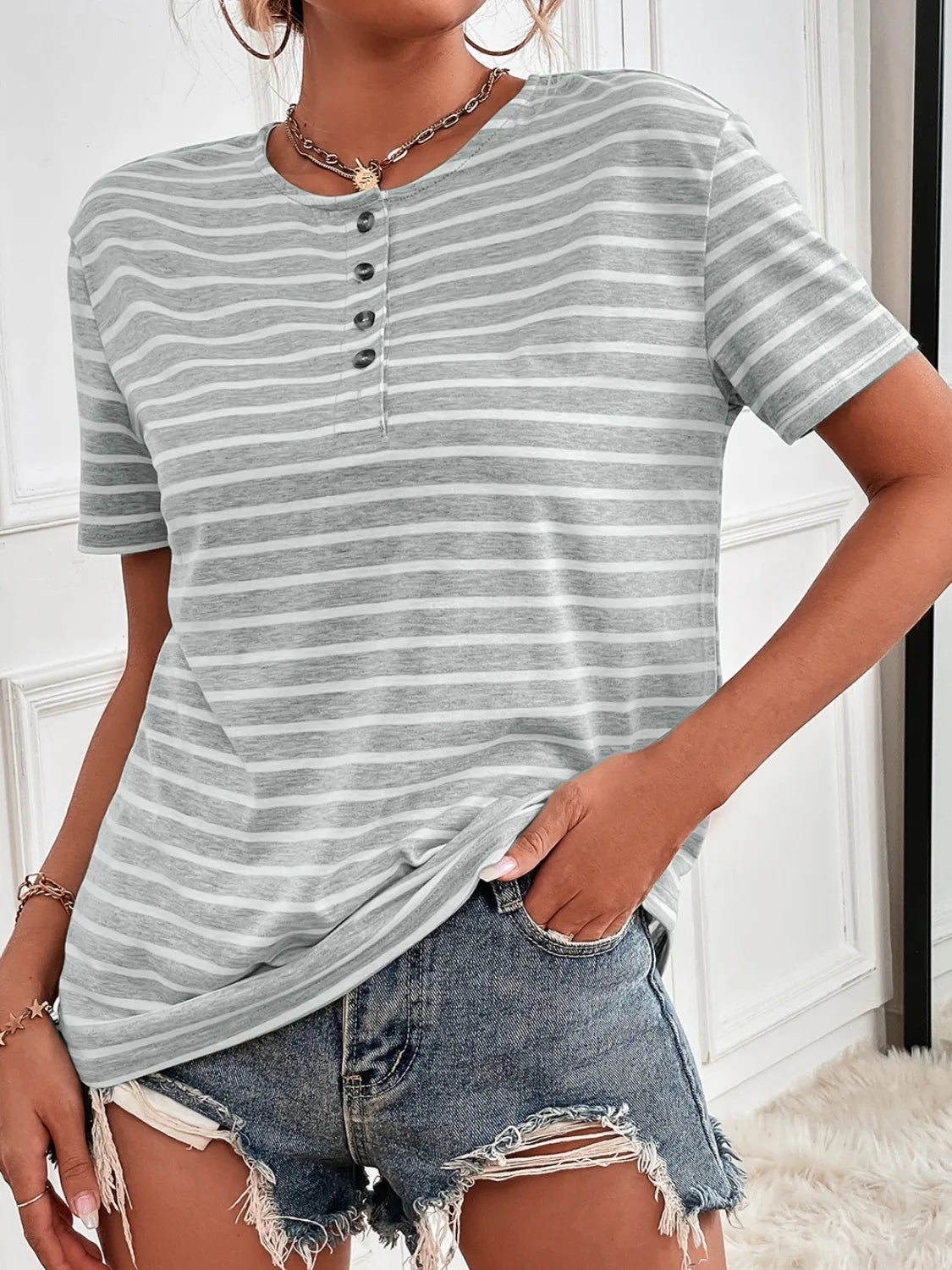 Striped Short Sleeve Top Light Gray OutfitFlow