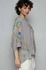 POL Floral V-Neck Raw Edge T-Shirt with Lace Detail OutfitFlow