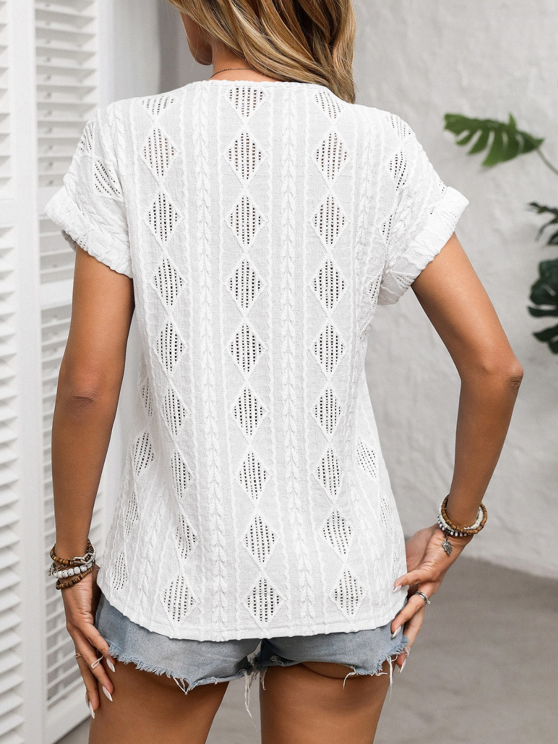 Openwork V-Neck Short Sleeve T-Shirt OutfitFlow