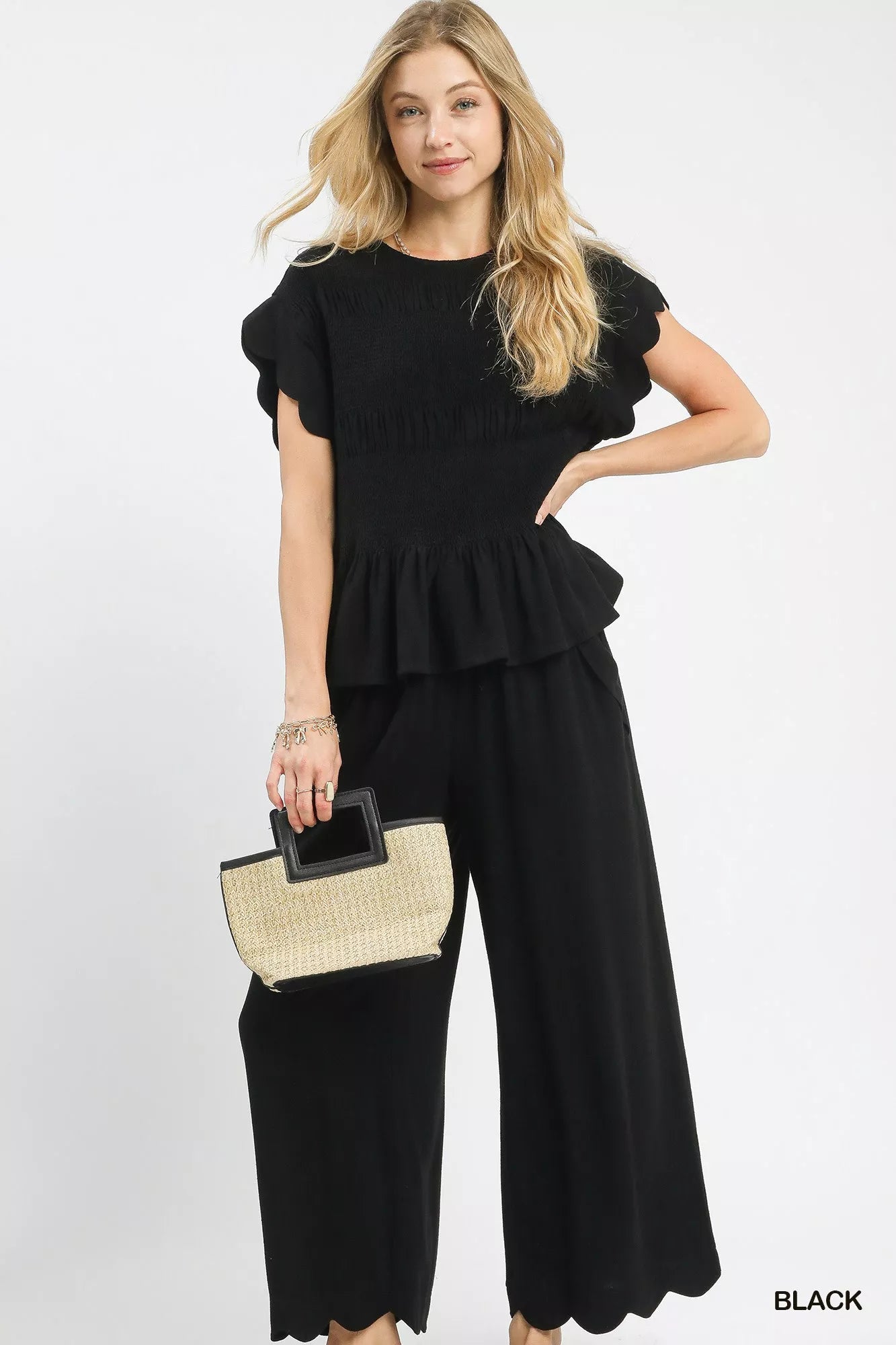 Umgee Linen Blend Smocked Peplum Blouse OutfitFlow