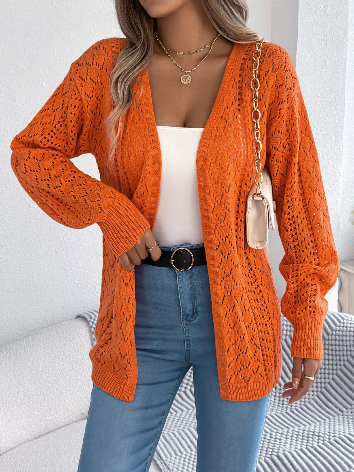 Openwork Open-Front Long Sleeve Cardigan OutfitFlow