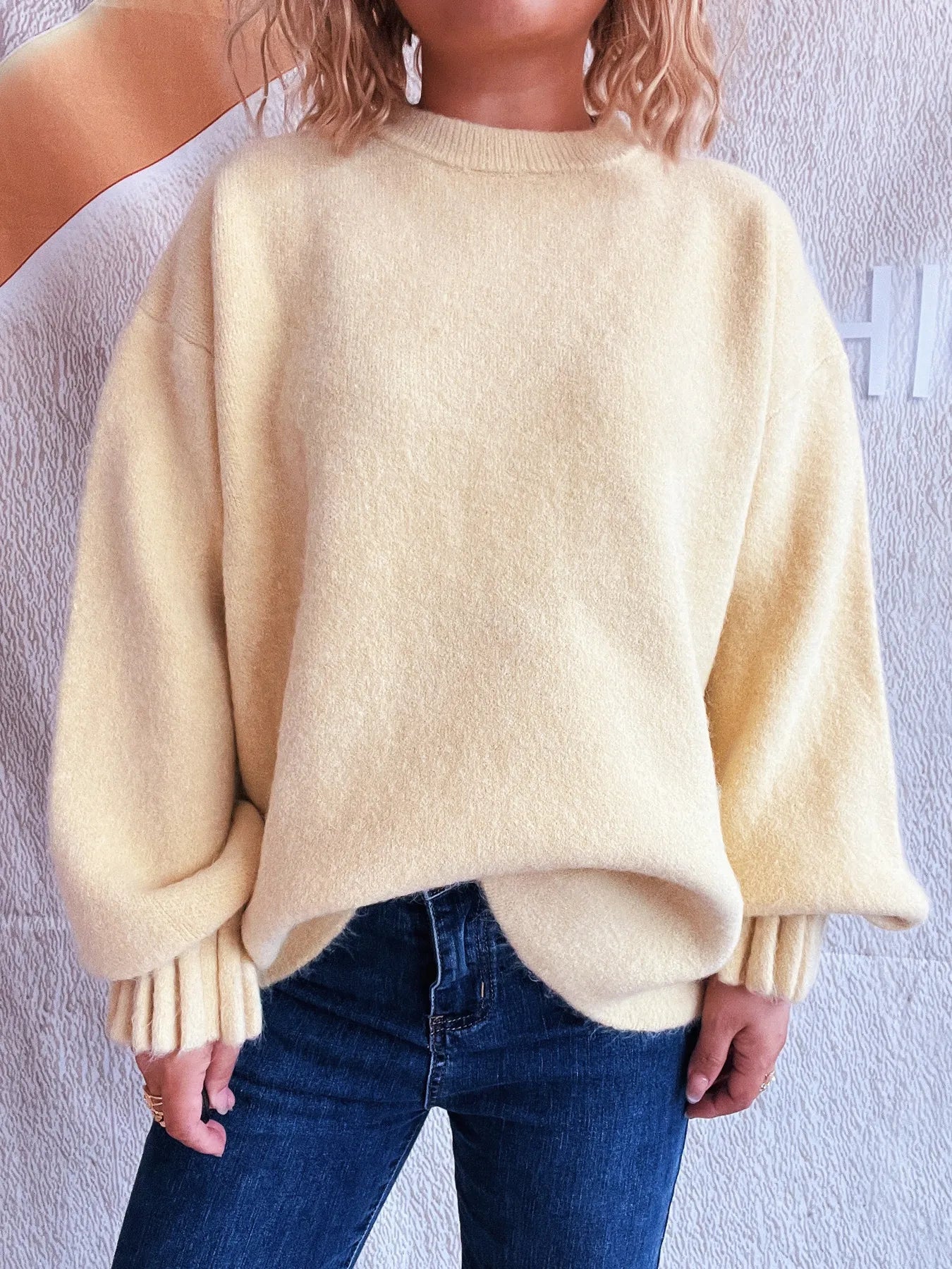 Round Neck Dropped Shoulder Sweater OutfitFlow