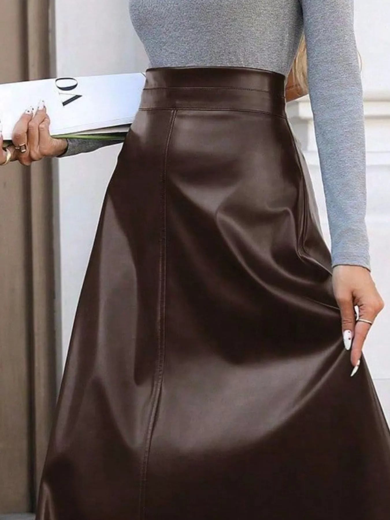 Leather A-Line Midi Skirt OutfitFlow