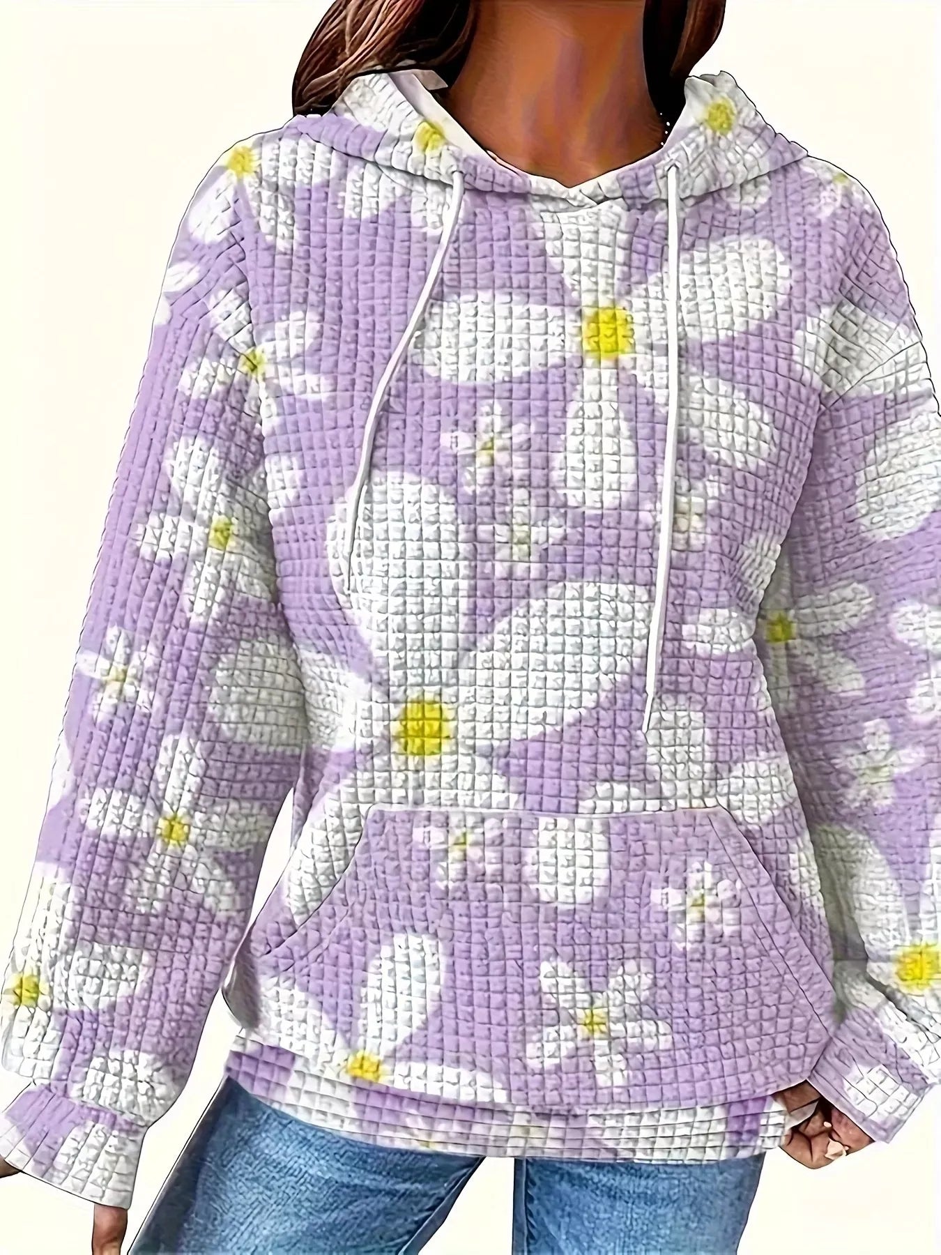 Floral Print Textured Drawstring Hoodie Purple OutfitFlow