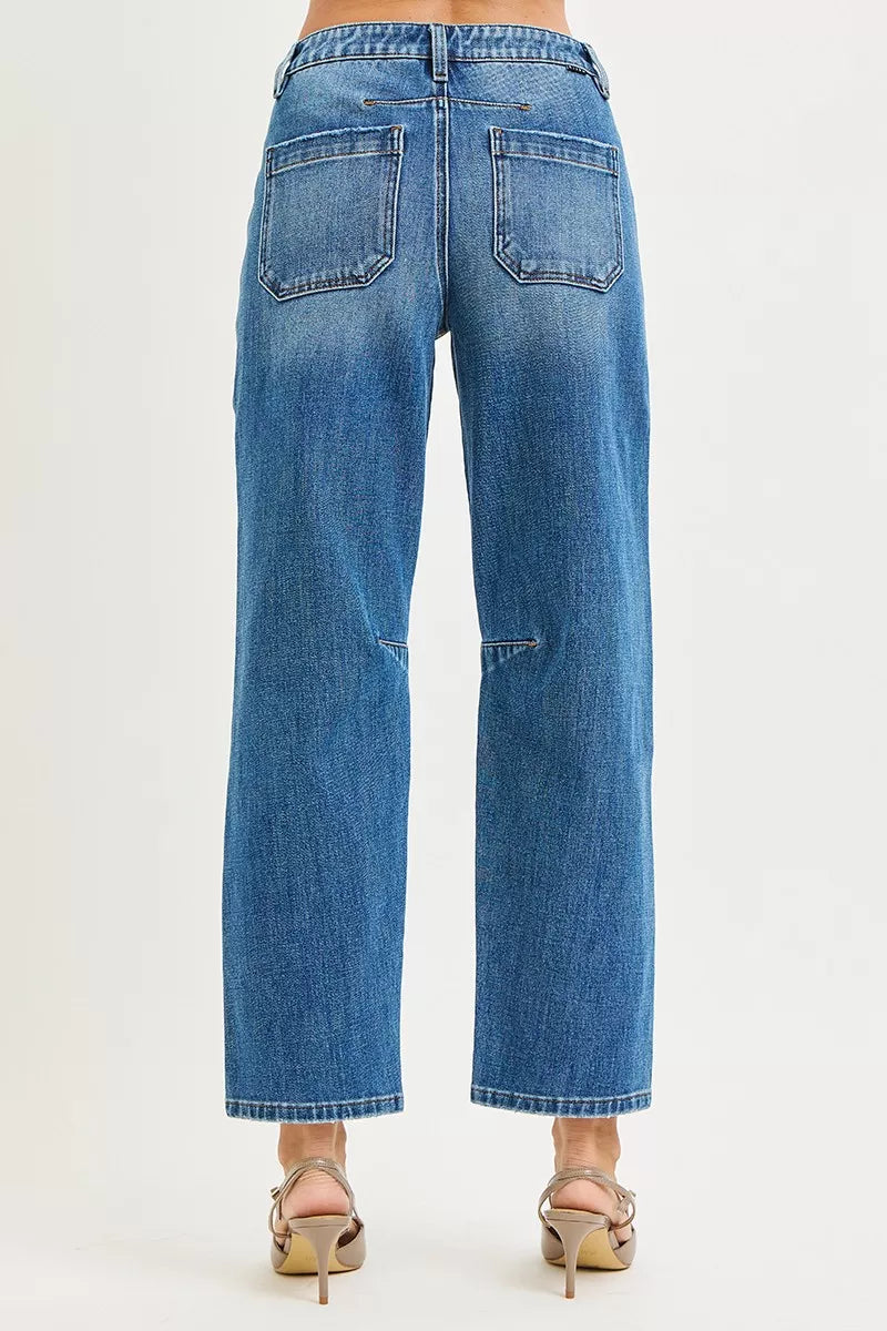 RISEN 4 Way Stretch Mid Rise Barrel Jeans with Patch Pocket Detail OutfitFlow