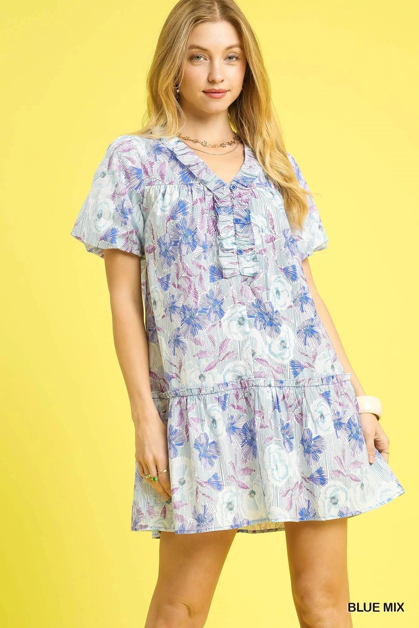 Umgee Floral Ruffled Puff Sleeve Mini Dress BLUE MIX Trendsi