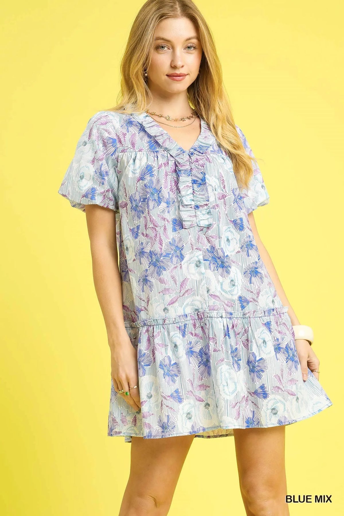 Umgee Floral Ruffled Puff Sleeve Mini Dress BLUE MIX Trendsi
