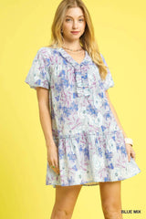 Umgee Floral Ruffled Puff Sleeve Mini Dress BLUE MIX Trendsi