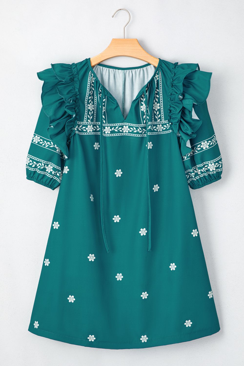 Floral Ruffle Puff Sleeve Tie Neck Mini Dress OutfitFlow