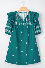 Floral Ruffle Puff Sleeve Tie Neck Mini Dress OutfitFlow