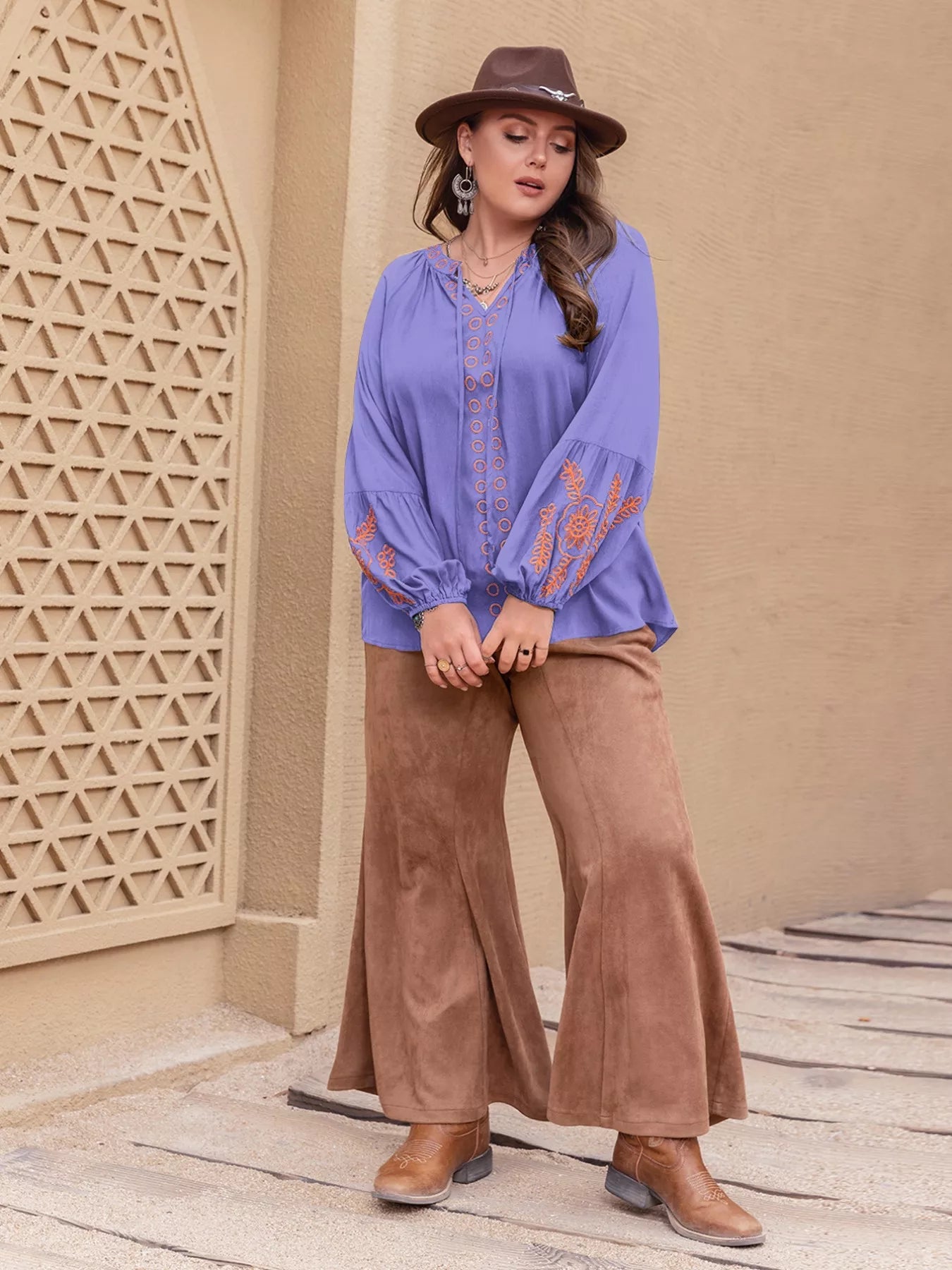 Plus Size Boho Embroidered Long Sleeve Blouse OutfitFlow