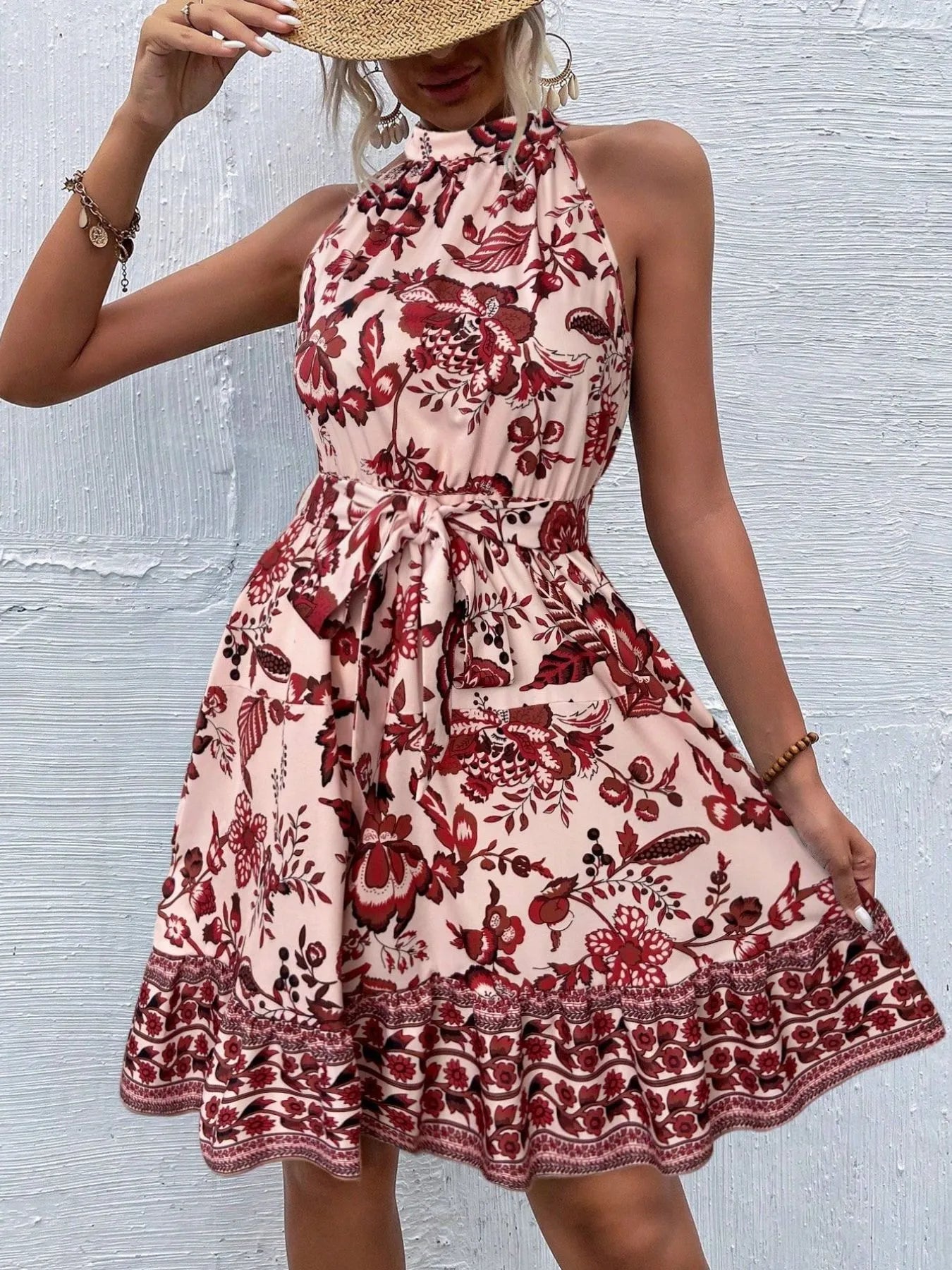 Floral Halter Neck Summer Dress with Belt Red Flower OutfitFlow